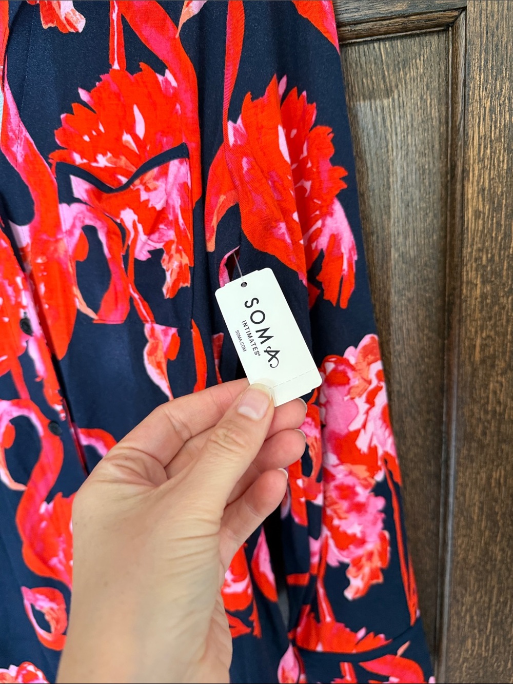Soma Cool Night Navy red pink flamingoes print long sleeve button down pj top - Picture 7 of 9
